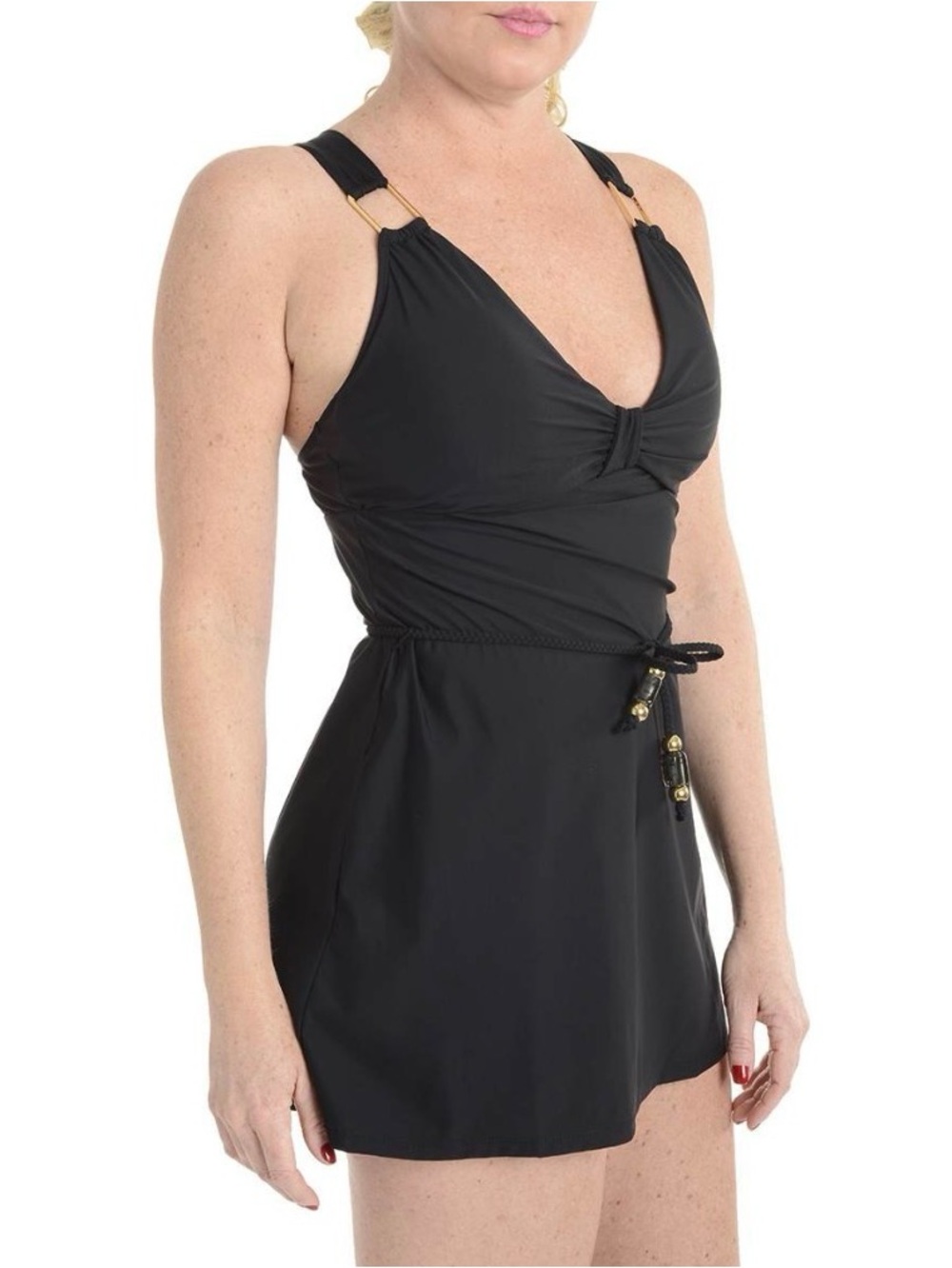 Spanx One-piece Bathing suit Black Swimdress with Gold Accent Rope Waist size 8